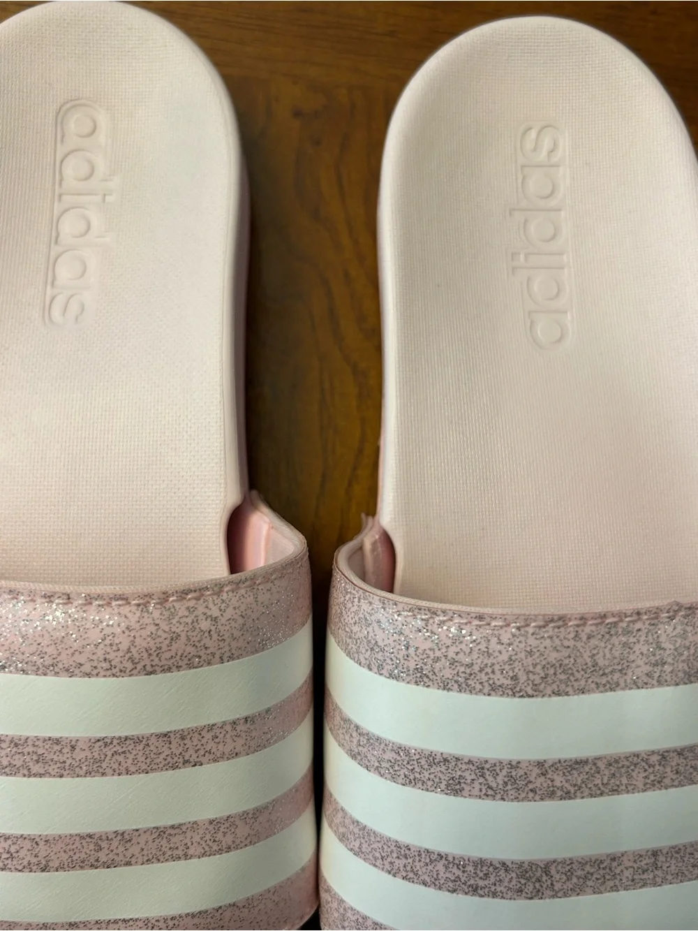 Girls adidas Pink Glitter Slide Sandals with White Stripes